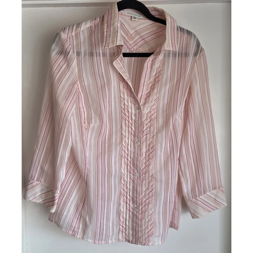Banana Republic Button-Up Shirt Women L Pink White Striped Long Sleeve Top